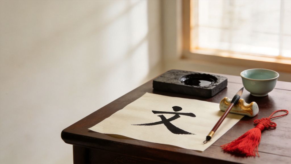 Chinese calligraphy of the character 文 (writing, culture) on rice paper beside a brush, an ink stone and a celadon cup