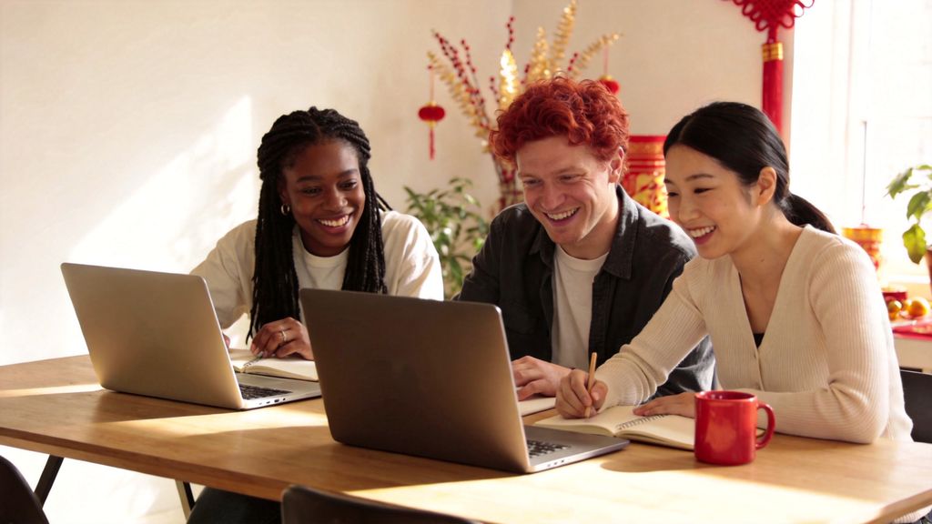 Three friends from different backgrounds studying Chinese together with laptops and notebooks at a sunny table