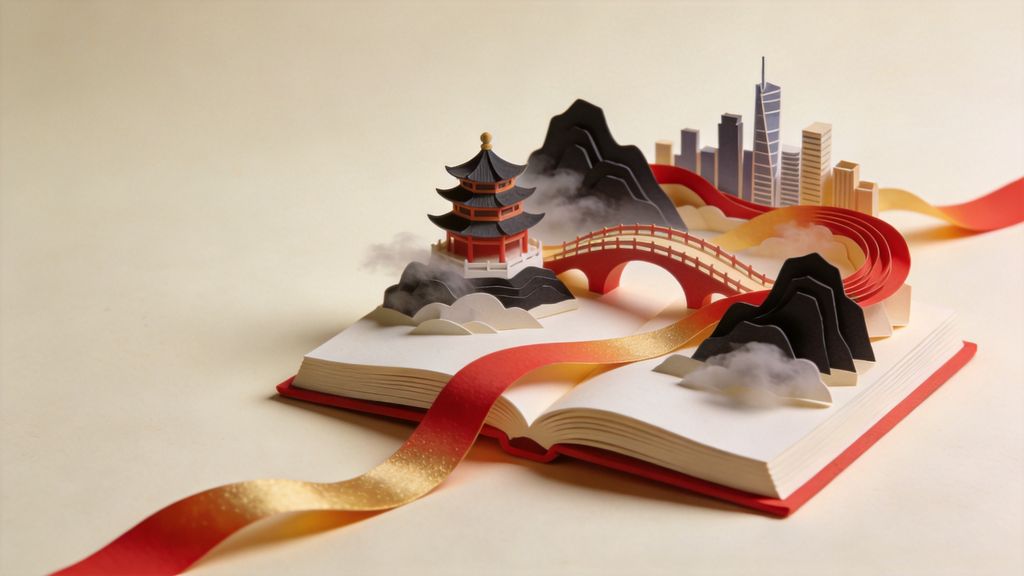 Paper-cut illustration rising from an open book: misty mountains, a pagoda, an arched bridge and a modern skyline joined by a red and gold ribbon