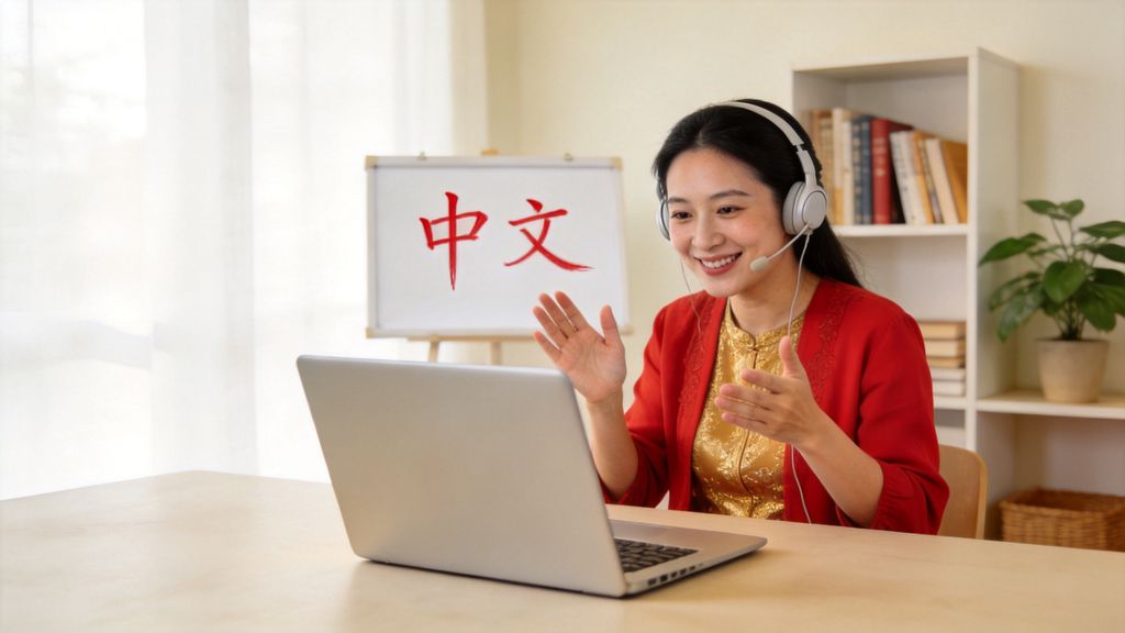 Chinese teacher with a headset giving a live online lesson, with the characters 中文 (Chinese) on the whiteboard behind her