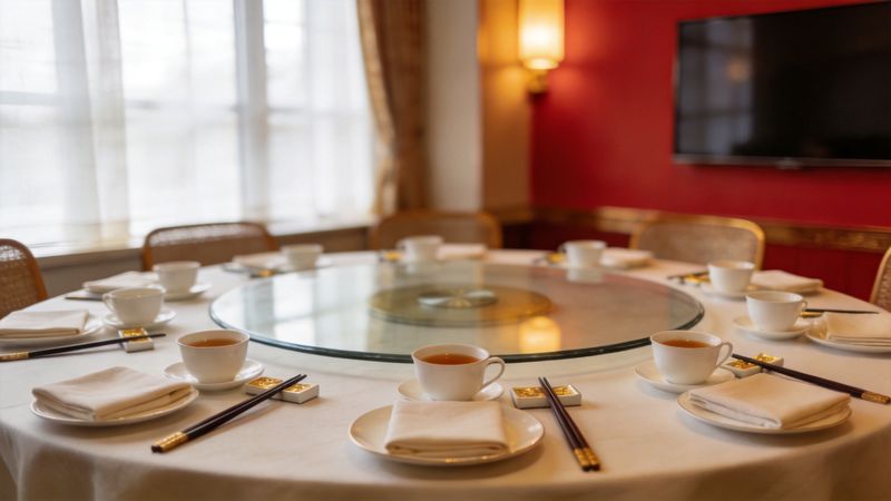 Round Chinese banquet table set with a glass lazy Susan, tea cups, porcelain plates and chopsticks