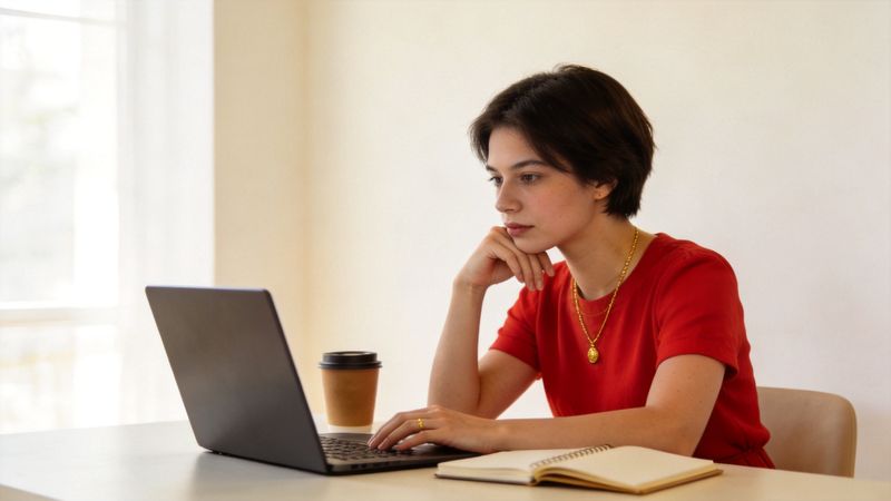 Young woman thoughtfully comparing Chinese course options on her laptop
