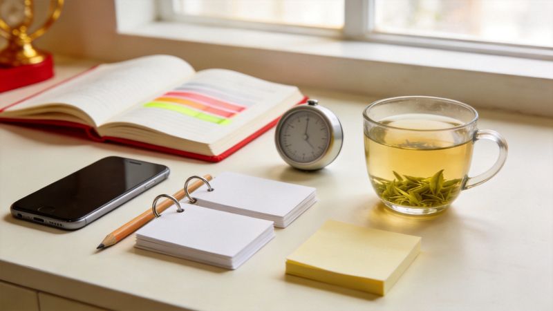 Study tools on a desk: a highlighted notebook, ring-bound flashcards, a phone, a timer, sticky notes and jasmine tea
