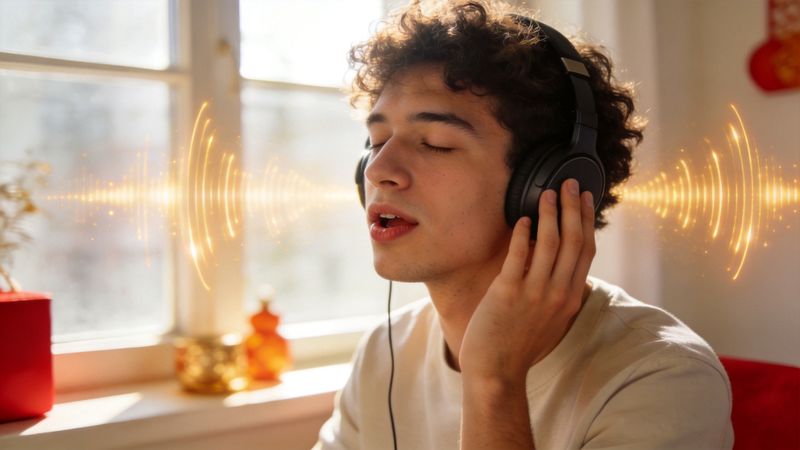 Young man with headphones listening closely and repeating Mandarin tones, surrounded by golden sound waves