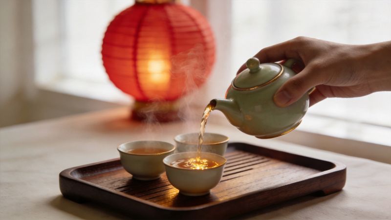Hand pouring tea from a celadon teapot into porcelain cups, with a red paper lantern glowing behind