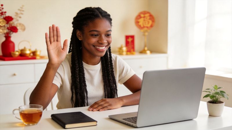 Beginner Chinese learner waving hello to her online teacher at the start of an HSK 1 lesson