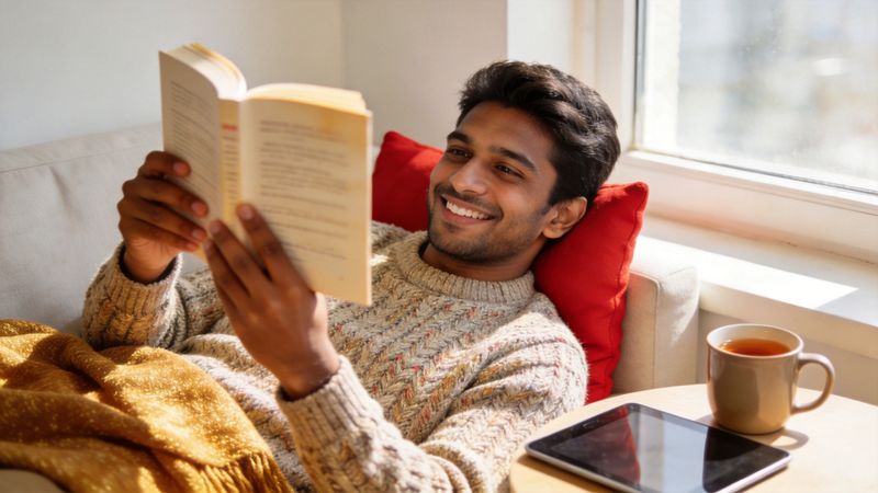 Young man smiling as he reads a book on a sunny sofa, building everyday Chinese reading skills