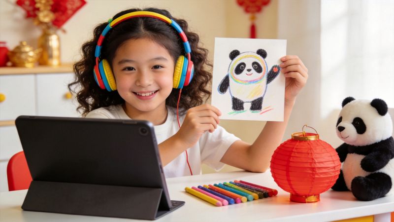 Smiling girl with colorful headphones holding up her panda drawing during an online Chinese class for kids
