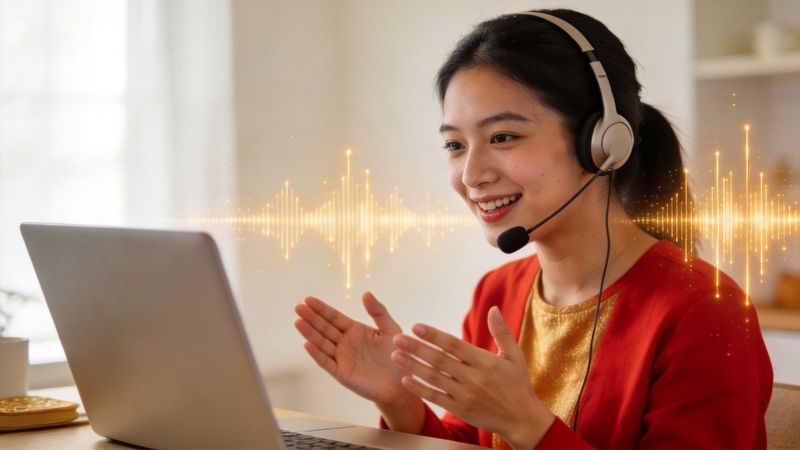 Learner wearing a headset practicing Mandarin pronunciation and tones at a laptop, with golden sound waves in the background