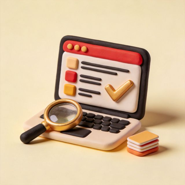 3D illustration of a laptop with a quiz checklist and a magnifying glass, representing the online placement test