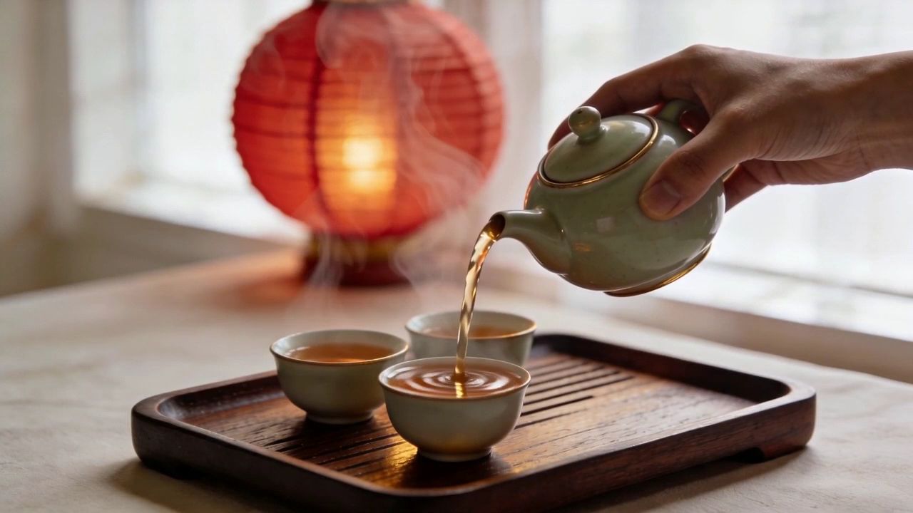 Tea pouring from a celadon teapot into porcelain cups as steam rises beside a glowing red lantern